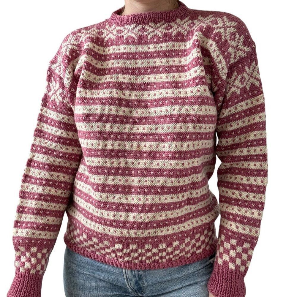 Vintage Womens Hand Knit 100% Wool Pink White Checkered Striped Ski Sweater Sz M